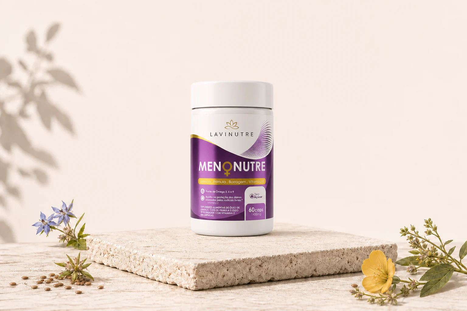 Menonutre 40+ suplemento alimentar para mulheres 40+ com óleos de linhaça, prímula, borragem e vitamina E