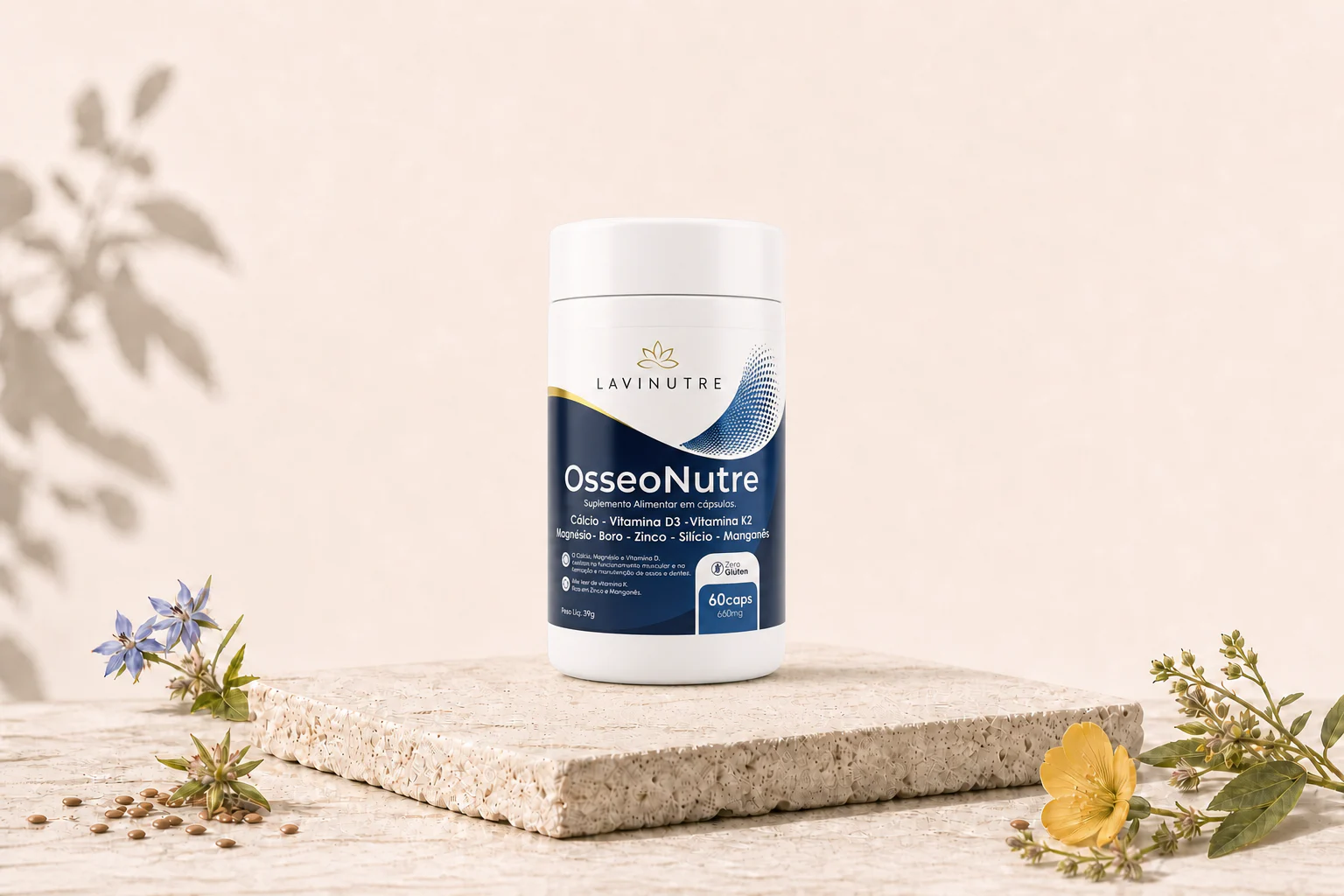 OsseoNutre 8 em 1 suplemento com cálcio, magnésio, vitamina D3 e vitamina K2 em composição editorial