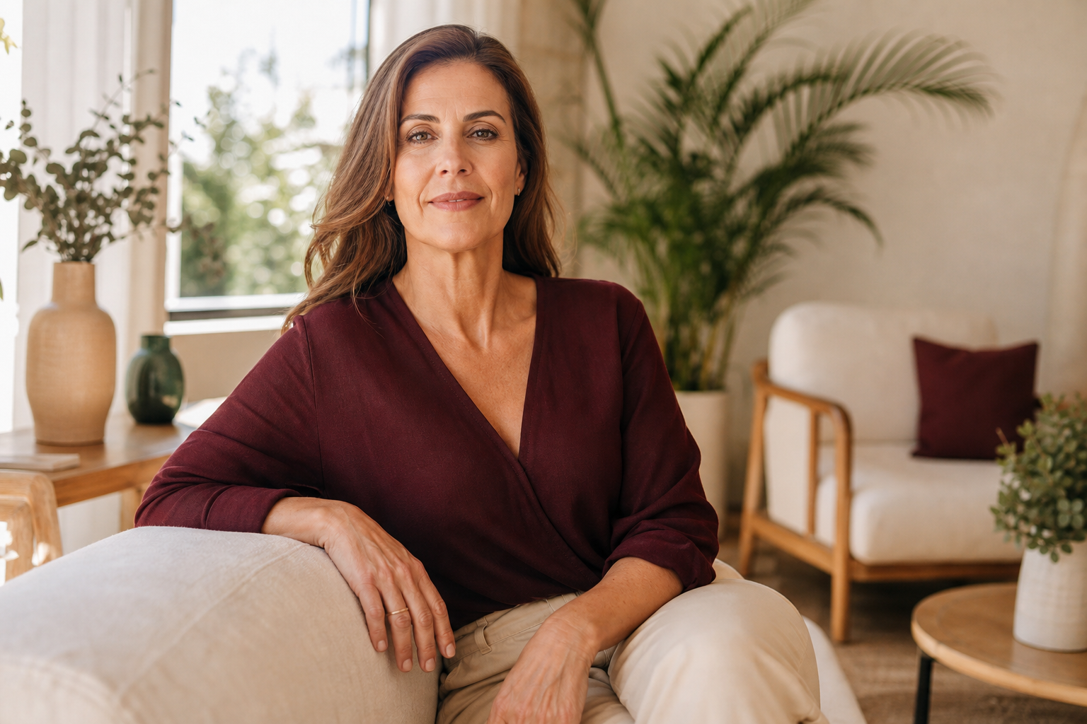 Mulher 40+ em ambiente claro e acolhedor, com expressão serena, roupas naturais e postura confiante, representando cuidado e acompanhamento em saúde feminina.